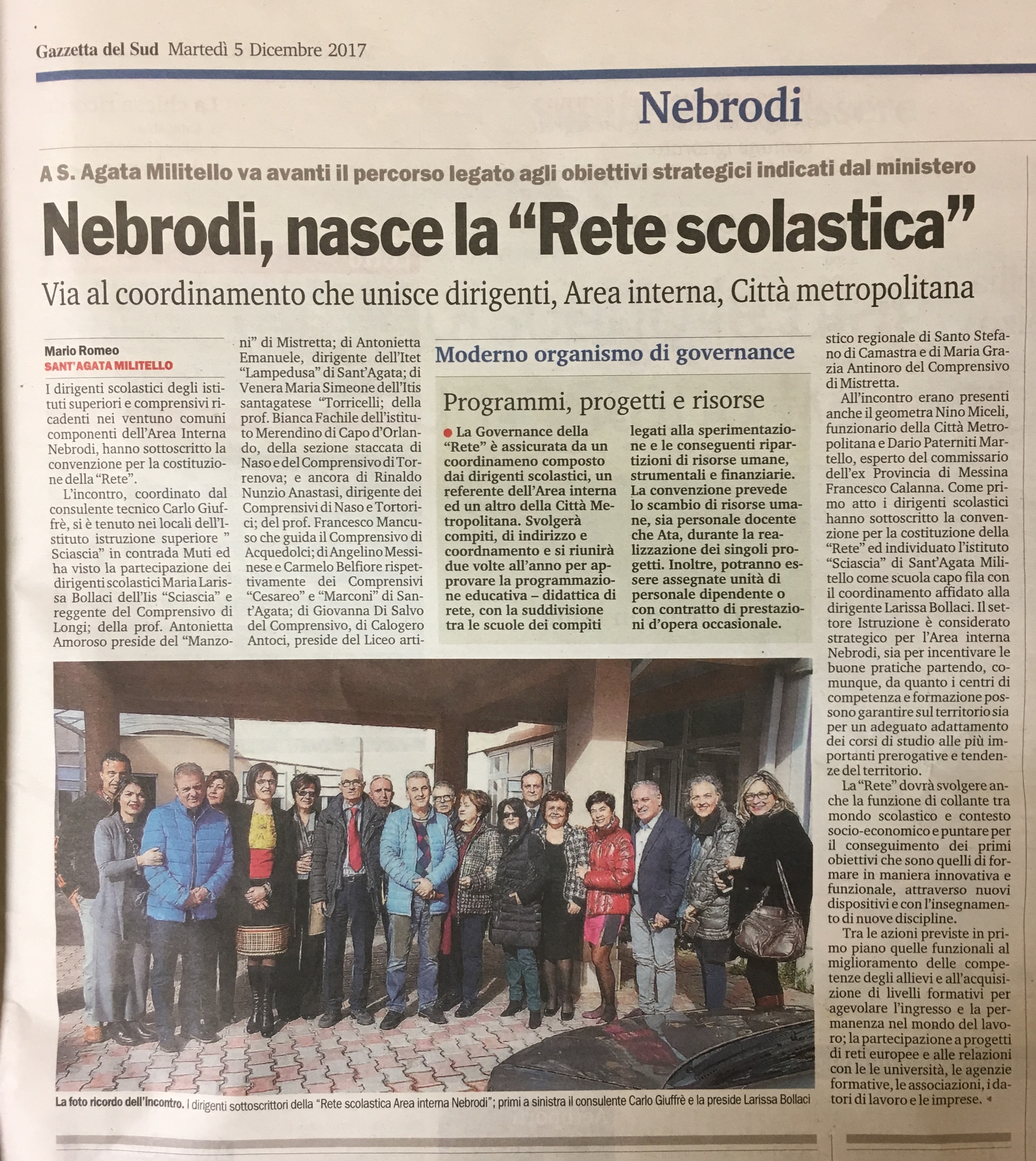 S.Agata di Militello  4 dicembre 2017- costituita la Rete Scolastica dei Nebrodi